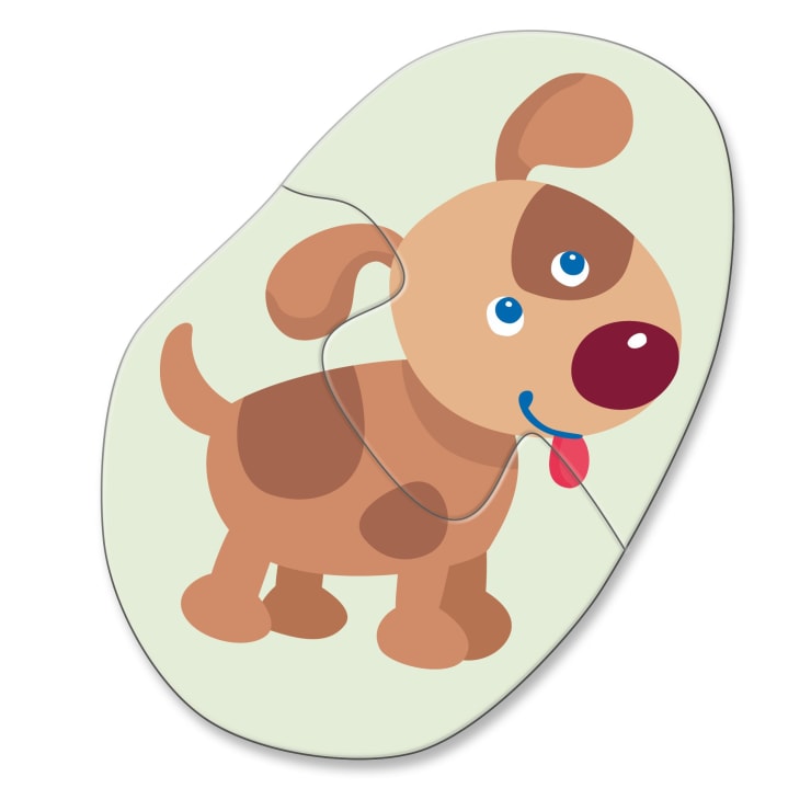 Ein zweiteiliges Puzzle mit einem braunen Cartoon-Hund mit Flecken, blauen Augen, roter Nase und heraushängender Zunge auf hellem Hintergrund.