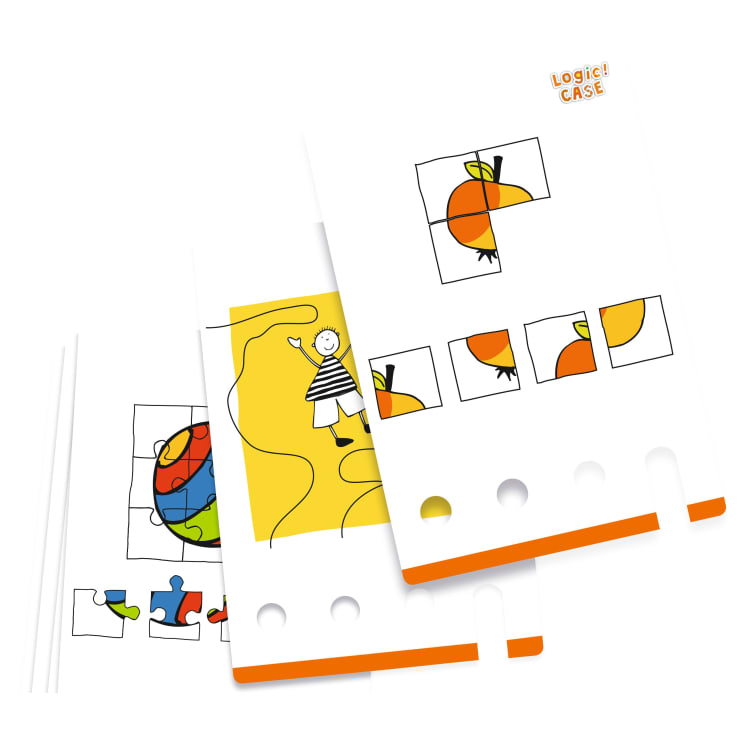 Drei illustrierte Aktivitätskarten werden überlappend gezeigt. Eine Karte zeigt Puzzleteile, die eine Weltkugel bilden, eine andere ein Kind in gestreifter Kleidung auf gelbem Hintergrund, und die dritte zeigt das schrittweise Zeichnen einer Tomate. In der Ecke ist LogiCASE aufgedruckt.