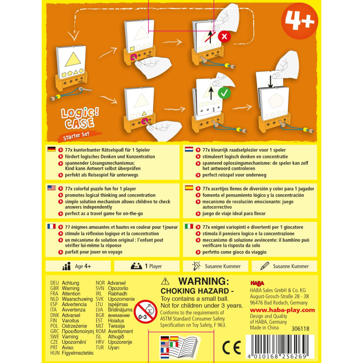 Die Abbildung zeigt die Rückseite einer HABA Logic! CASE Starter Set für Kinder ab 4 Jahren mit illustrierter Spielanleitung, Verpackungsinhalt, Beschreibungen in mehreren Sprachen und Sicherheitshinweisen.
