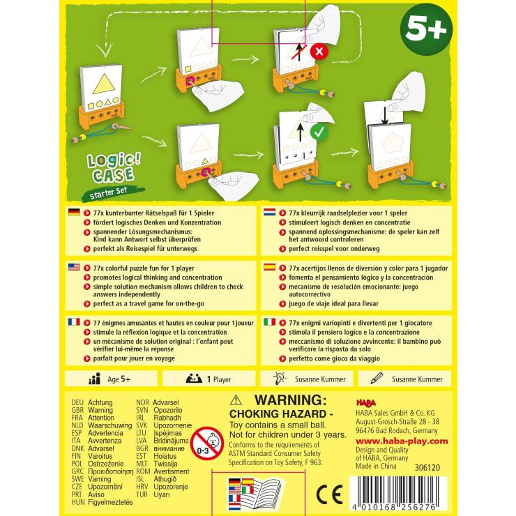 Eine gelbe Spielschachtel mit Illustrationen, die den Aufbau eines kartenbasierten Puzzlespiels zeigen. Die Schachtel enthält Angaben zum Inhalt, eine Spielanleitung in mehreren Sprachen, eine Altersempfehlung ab 5 Jahren und Sicherheitshinweise. Das HABA-Logo erscheint am unteren Rand.