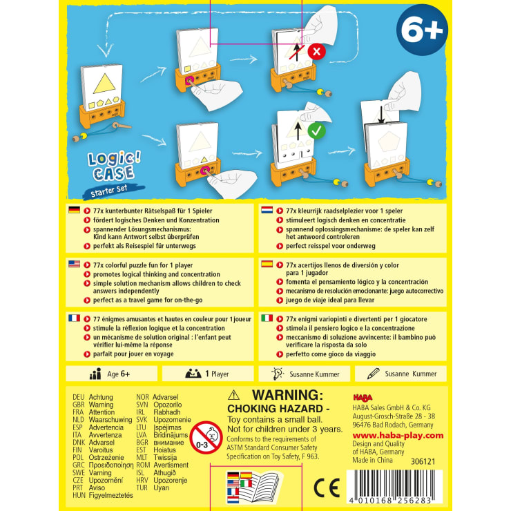 Rückseite einer Logic! CASE Starter Set Schachtel mit illustrierter Spielanleitung in vier Schritten, Spielinhalt, Funktionen in mehreren Sprachen, Sicherheitswarnungen und Herstellerinformationen. Leuchtend gelber Hintergrund mit roten und blauen Akzenten.