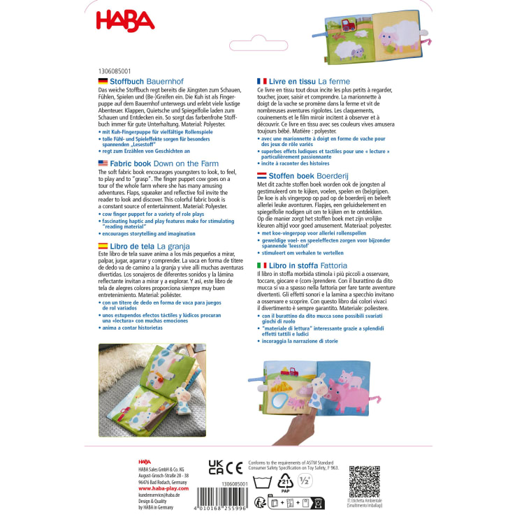 Die Rückseite der Verpackung eines HABA-Stoffbuchs mit dem Titel Unten auf dem Bauernhof mit Beschreibungen in Deutsch, Englisch, Französisch und Spanisch, Produktdetails, Warnhinweisen, Strichcodes und Firmeninformationen.