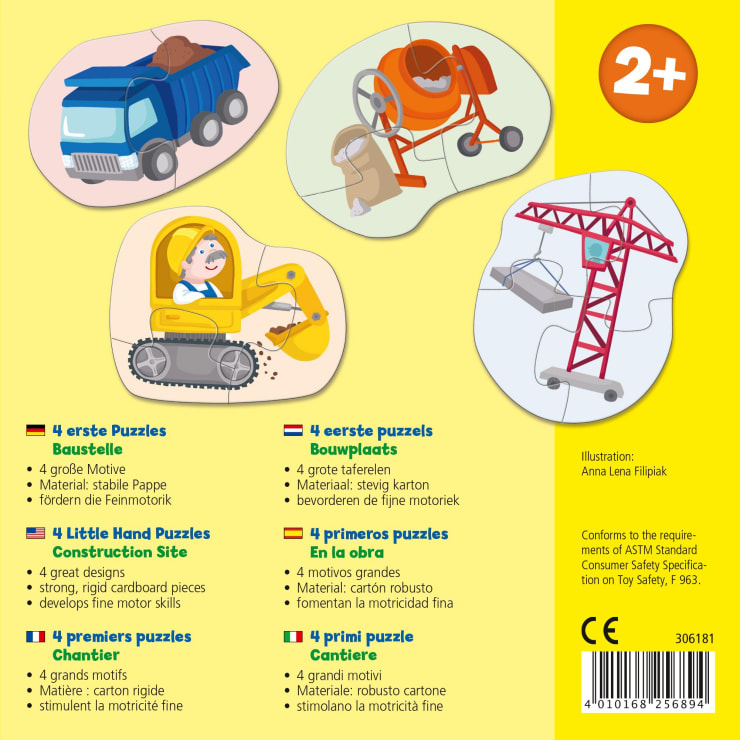 Schachtel für ein Kinderpuzzleset, das vier Cartoon-Baufahrzeuge zeigt: einen Kipper, einen Zementmischer, einen Bagger und einen Kran. Der Text erscheint in Deutsch, Englisch, Französisch und Niederländisch. Die Altersempfehlung ist 2+.