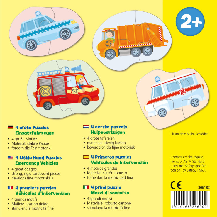 Schachteldeckel mit Illustrationen von vier Einsatzfahrzeugen als einfache Puzzles: ein Polizeiauto, ein Müllwagen, ein Feuerwehrauto und ein Krankenwagen. Der mehrsprachige Text beschreibt das Produkt für Kinder ab 2 Jahren.