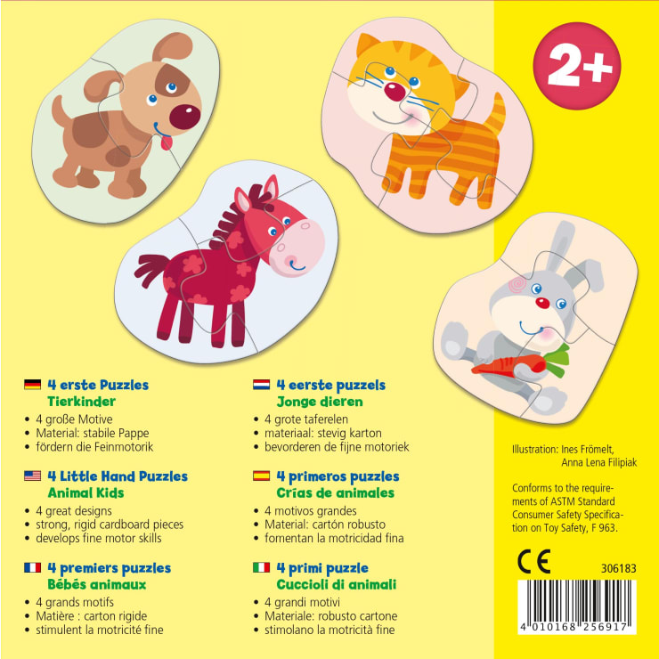 Das Cover der Schachtel zeigt vier illustrierte Tierpuzzles: einen braunen Hund, eine orangefarbene Katze, ein rotes Pferd und ein graues Kaninchen. Der Text enthält eine Altersempfehlung (2+) und Rätselinformationen in mehreren Sprachen.