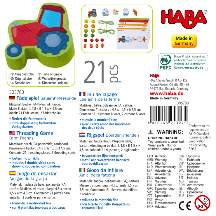 Die Abbildung zeigt die Rückseite einer HABA-Spielzeugkiste für ein Fädelspiel. Sie enthält eine rote und grüne Traktor-Illustration, eine Teileliste, Warnhinweise, mehrsprachige Beschreibungen, Herstellerinformationen, einen Strichcode und das Symbol "Nicht für Kinder von 0-3 Jahren".