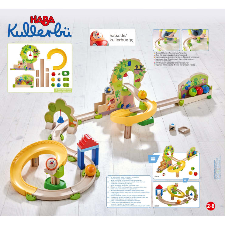 Ein hölzernes Kugelbahnset mit gebogenen Bahnen, Rampen, bunten Kugeln, einer gelben Spirale und verschiedenen spielerischen Dekorationen. An den Seiten befinden sich Anleitungsdiagramme und Produktangaben. Für Kinder von 2 bis 8 Jahren.