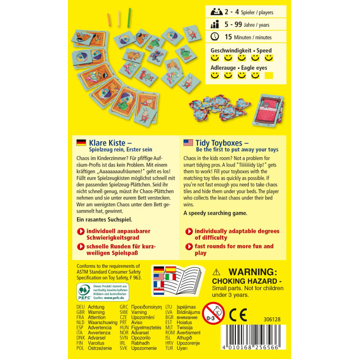Eine Brettspielschachtel mit illustrierten Karten, Spielsteinen und Besensteinen. Enthält Beschreibungen in Deutsch und Englisch, Symbole für Spielerzahl, Alter und Spielzeit sowie eine Warnung vor Erstickungsgefahr am unteren Rand.