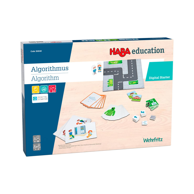Eine Schachtel mit der Aufschrift HABA education und dem Titel Algorithmus Algorithm and Digital Starter, die illustrierte Karten, Kacheln und Teile enthält, um Kindern Algorithmen beizubringen; hergestellt von Wehrfritz.