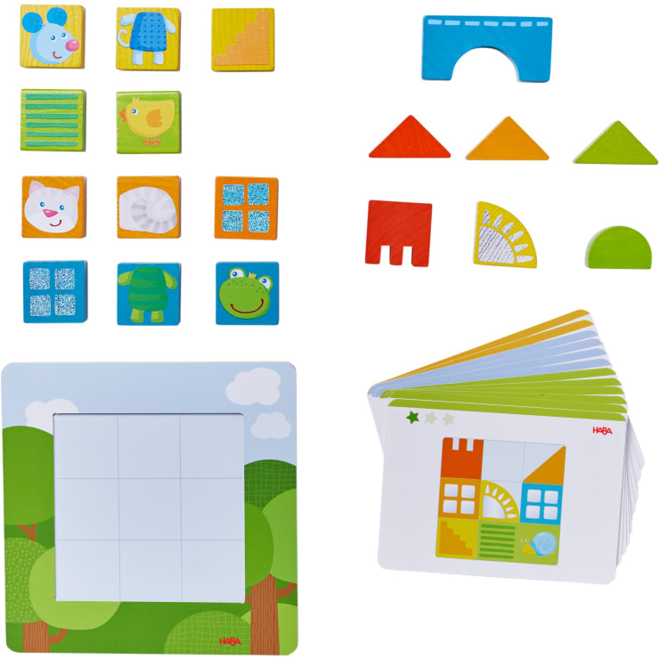 Ein Puzzleset für Kinder mit illustrierten quadratischen Kacheln, farbigen geometrischen Formen, einer Gittertafel mit Naturmotiv und einem Satz illustrierter Anweisungskarten, die alle übersichtlich auf einem weißen Hintergrund angeordnet sind.