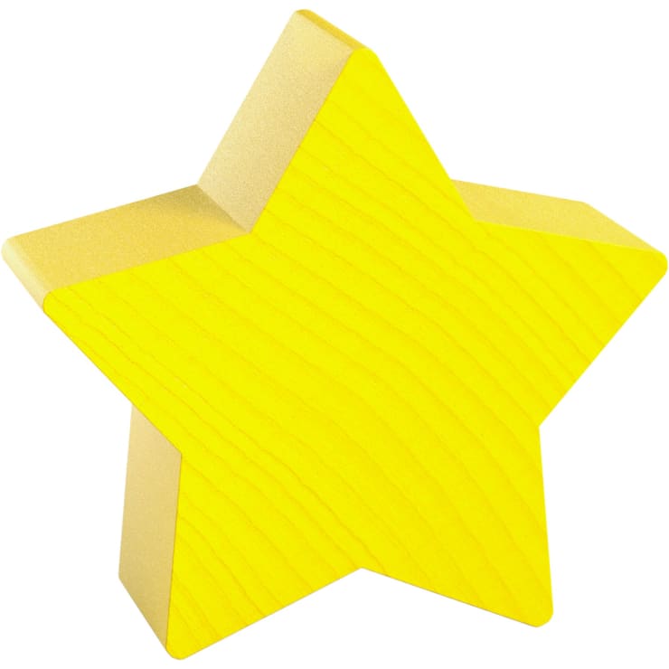 Ein gelber, fünfzackiger Holzstern ist vor einem weißen Hintergrund abgebildet. Der Stern hat glatte Kanten und eine sichtbare Holzmaserung auf der Vorderseite.
