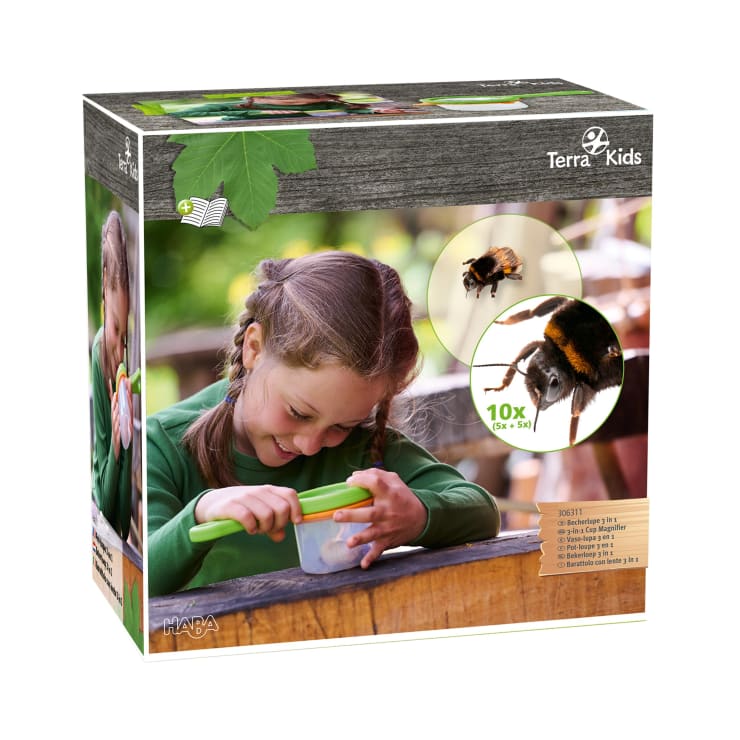 Eine Schachtel für ein Terra Kids Insektenbeobachtungsset zeigt ein Kind, das einen Behälter mit einem Vergrößerungsdeckel untersucht. Zwei Nahaufnahmen einer Hummel sind abgebildet, mit einem Text, der die 10-fache Vergrößerung angibt.