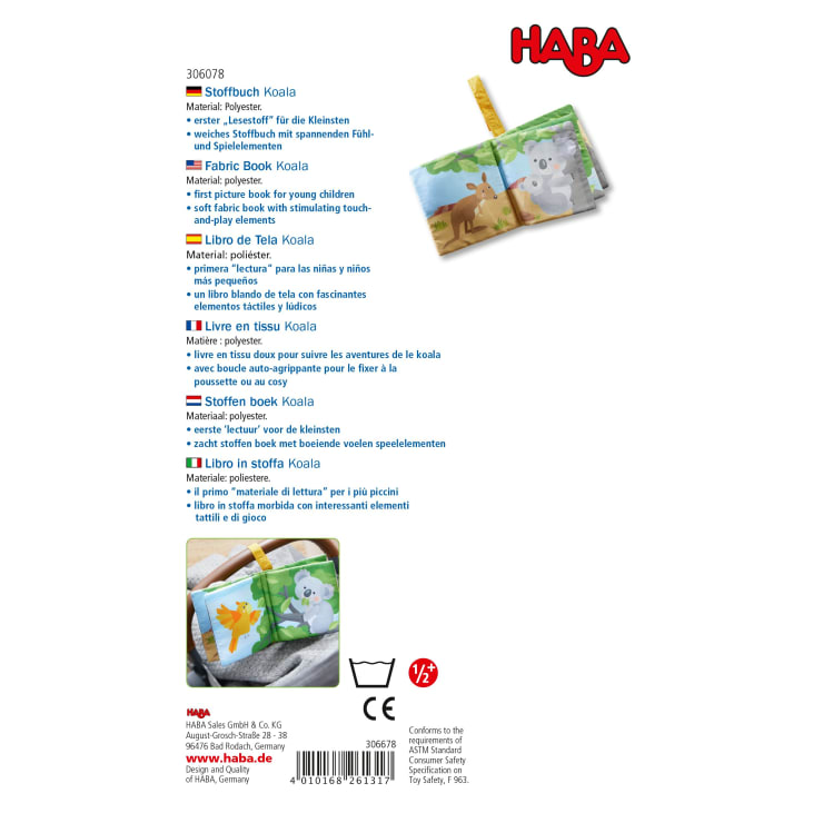 Produktverpackung für ein HABA-Stoffbuch mit einem Koala. Auf der Rückseite befinden sich ein mehrsprachiger Text, der das weiche Buch für Kleinkinder beschreibt, ein Strichcode, Sicherheitssymbole und die Kontaktdaten des Unternehmens.