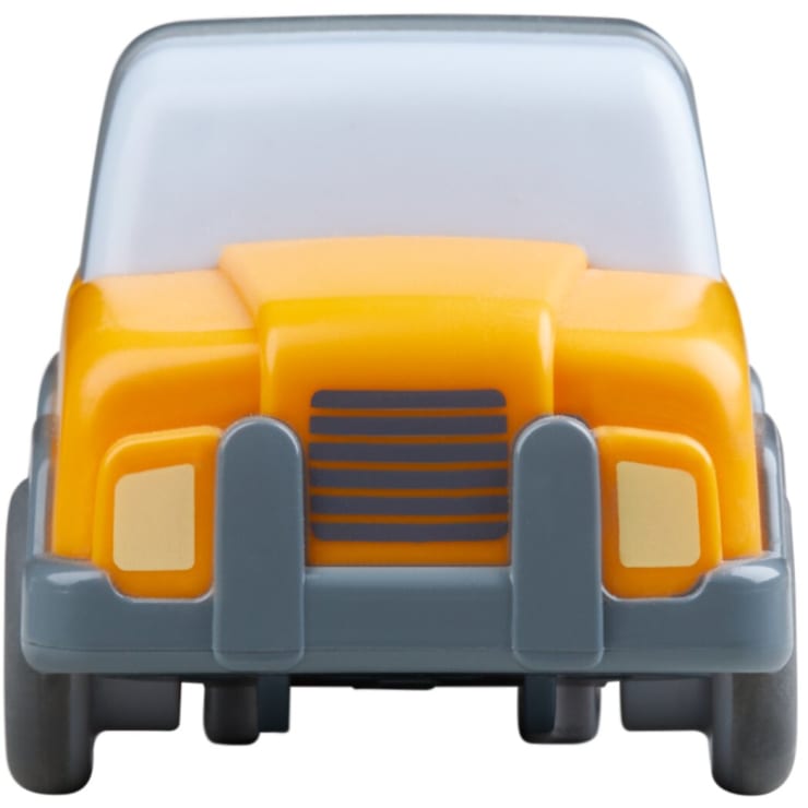 Frontansicht eines gelben und grauen Spielzeugautos aus Kunststoff mit einfachem Design, großen Scheinwerfern, einem horizontalen Kühlergrill und klobigen Rädern.