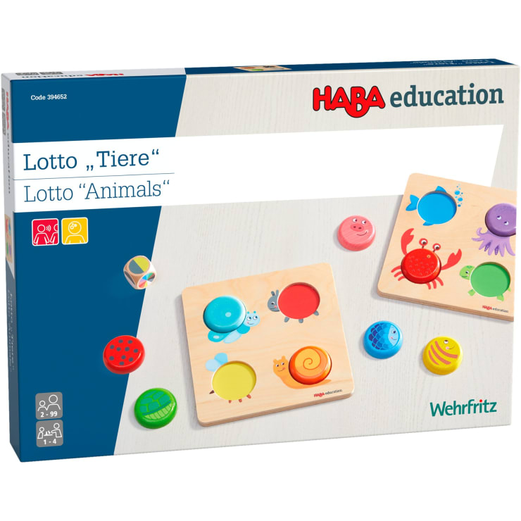 Schachtel für Lotto Animals von HABA education. Die Verpackung zeigt Spielbretter aus Holz mit Tierillustrationen und farbigen Spielsteinen. Die Box enthält auch die Logos für die Altersgruppen 2-99 und 1-4 Spieler.