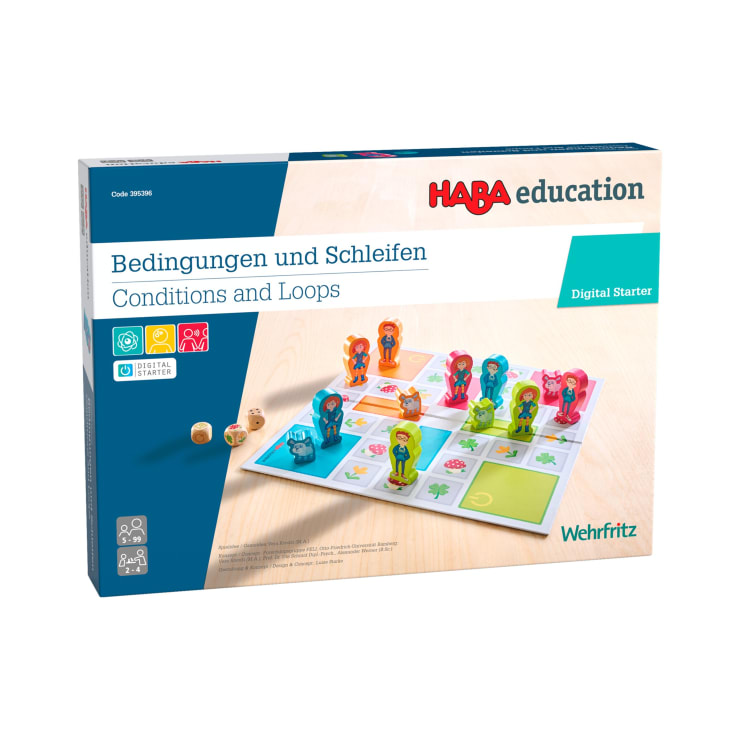 Eine Schachtel mit der Aufschrift HABA education zeigt das Produkt Conditions and Loops. Die Schachtel zeigt ein Brettspiel zum Thema Programmieren mit bunten Tierfiguren, Würfeln und einem Raster. Der Text ist in Deutsch und Englisch.
