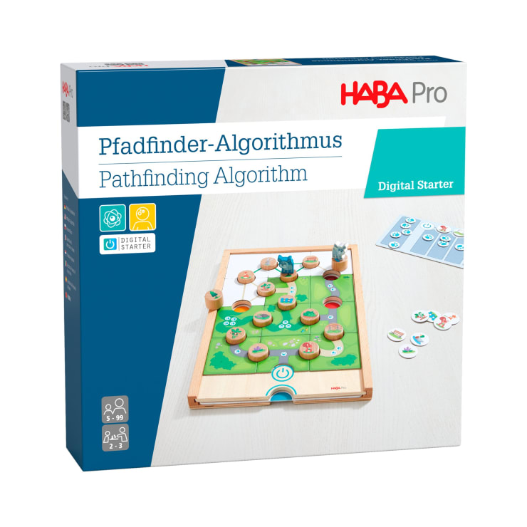 Eine Schachtel für das HABA Pro Pathfinding Algorithm: Digital Starter Spiel, zeigt ein Holzbrett mit Tierfiguren und Spielsteinen sowie Karten, die auf einem Tisch angeordnet sind. Der Text ist in Deutsch und Englisch.