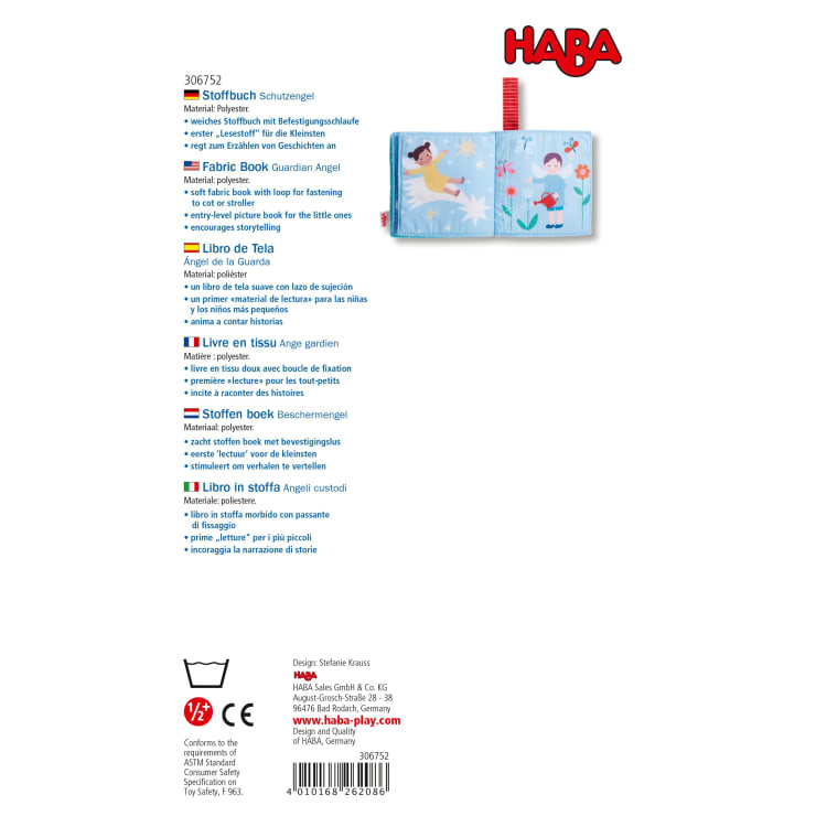 Produktinformationsblatt für ein HABA-Stoffbuch mit dem Titel Schutzengel, mit Beschreibungen in mehreren Sprachen, einer Abbildung des Buches, Unternehmensangaben, Sicherheitshinweisen und einem Strichcode am unteren Rand.