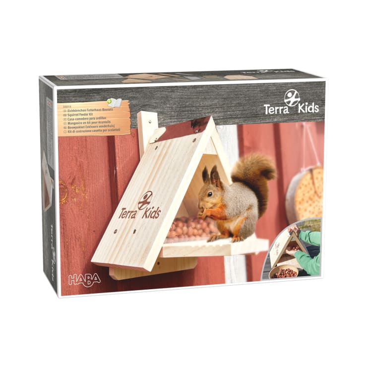 Eine Schachtel mit einem Eichhörnchenfutter aus Holz mit der Aufschrift Terra Kids, das an einer roten Wand montiert ist und ein Eichhörnchen zeigt, das Nüsse frisst. Auf der Schachtel sind auch das HABA-Logo und kleinere Bilder vom Zusammenbau und der Befüllung des Futters abgebildet.