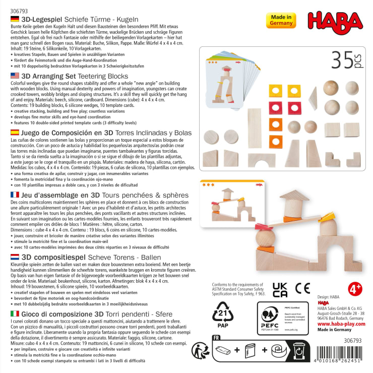 Rückseite eines HABA-3D-Arrangement-Sets mit Produktbeschreibung in fünf Sprachen, Abbildungen von Holzklötzen und Kugeln, Sicherheitssymbolen, dem HABA-Logo und einem "Made in Germany"-Label. Für Kinder ab 4 Jahren.