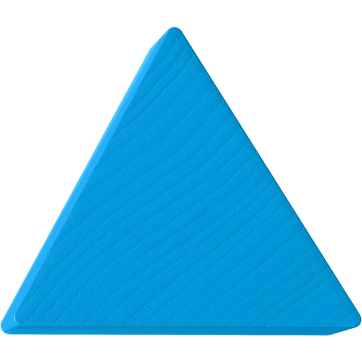 Ein einfarbig blauer, gleichseitiger Dreiecksblock mit einer Holzmaserung, von vorne gesehen vor einem weißen Hintergrund.