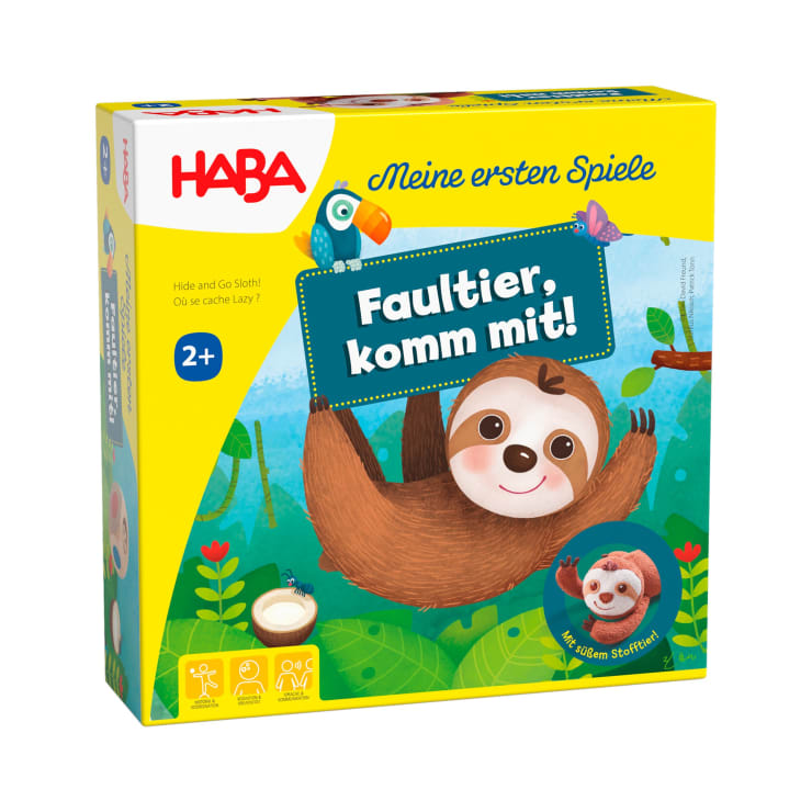 Eine farbenfrohe Schachtel für das HABA-Spiel Fauliter, komm mit! zeigt ein illustriertes Faultier, das an einem Ast hängt, einen Papagei und die Altersempfehlung ab 2 Jahren, mit deutschem Text und dem HABA-Logo in der oberen linken Ecke.