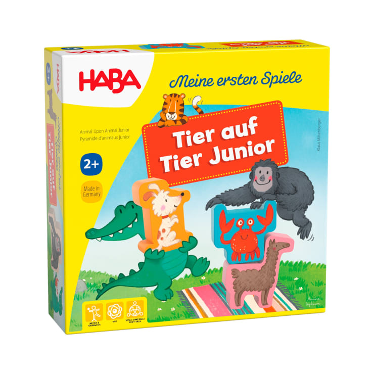 Die HABA-Spielschachtel "Tier auf Tier Junior" zeigt bunte Illustrationen von gestapelten Tierfiguren, darunter ein Alligator, ein Schaf, ein Gorilla, ein Lama und eine Krabbe. Auf der Schachtel steht, dass das Spiel für Kinder ab 2 Jahren geeignet ist.