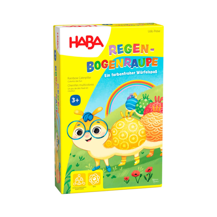 Eine farbenfrohe Schachtel des HABA-Brettspiels Regenbogenraupe, die eine illustrierte Raupe mit Brille und vielen bunten Segmenten zeigt, geeignet ab 3 Jahren.