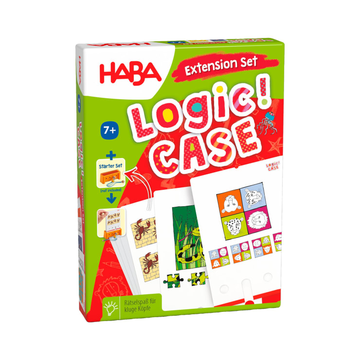Die Abbildung zeigt eine HABA Logic! CASE Erweiterungsset-Box für Kinder ab 7 Jahren. Die Schachtel ist farbenfroh mit Bildern von Rätselkarten und Illustrationen und enthält die Aufschrift "Erweiterungsset" in der oberen rechten Ecke.