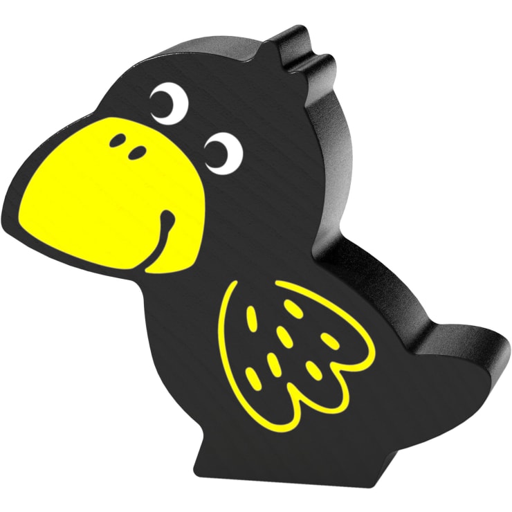 Ein Holzspielzeug in Form eines Vogels, schwarz bemalt, mit einem großen gelben Schnabel, Cartoon-Augen und einem gelben Flügel mit schwarzen Punkten.