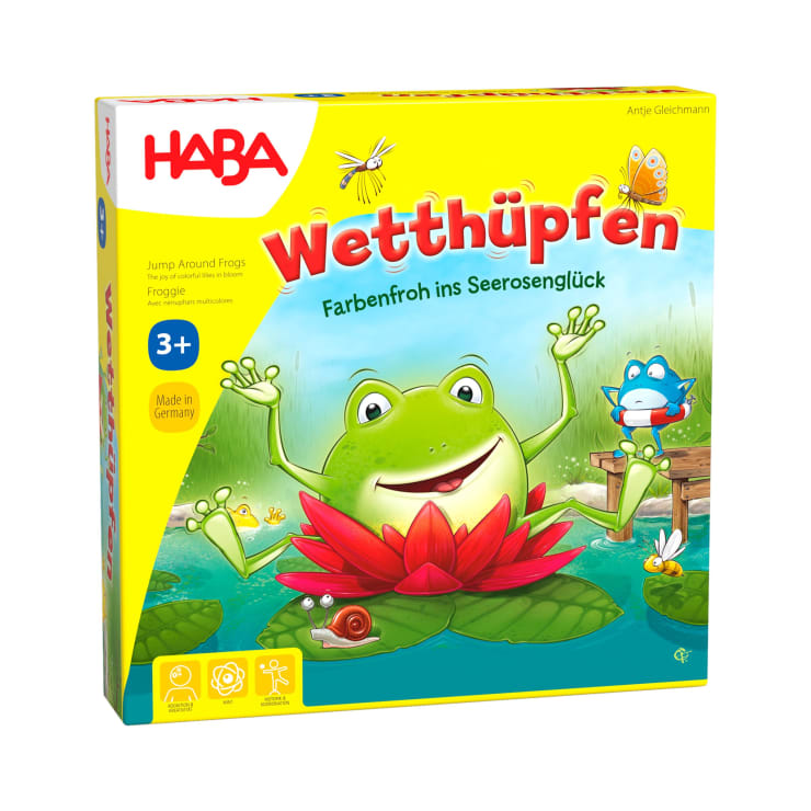 Die Abbildung zeigt die Schachtel des Kinderbrettspiels "Wetthüpfen" von HABA. Das Cover zeigt einen lächelnden Frosch, der auf einem Seerosenblatt in einem Teich sitzt, mit einem kleinen blauen Frosch und Insekten drum herum. Die Schachtel ist hauptsächlich gelb und rot.