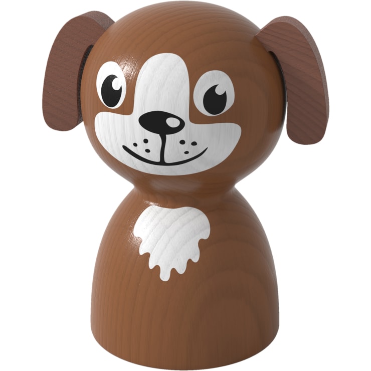 Eine hölzerne Spielzeugfigur in Form eines Hundes, braun bemalt, mit weißen und schwarzen Gesichtszügen, einem weißen Fleck auf der Brust und Schlappohren.