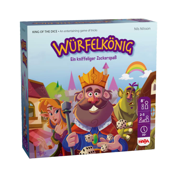 Eine bunte Brettspielschachtel mit dem Titel Würfelkönig zeigt Figuren im Cartoon-Stil, darunter einen König, der Würfel hält, eine Frau und einen Mann. Der Hintergrund zeigt ein Schloss, einen Regenbogen und Berge. Geeignet für Kinder ab 8 Jahren, 2-5 Spieler.