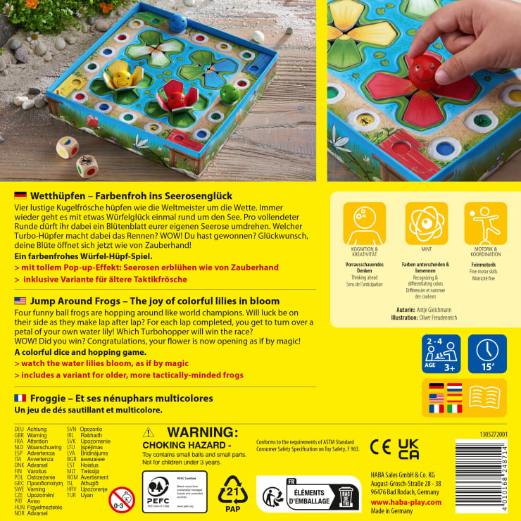 Eine farbenfrohe Spielschachtel zeigt ein Spiel mit Froschplättchen und Seerosenfeldern. Die Rückseite zeigt die Spielanleitung in Deutsch, Englisch und Französisch, den Spielinhalt, Herstellerangaben und Sicherheitshinweise.