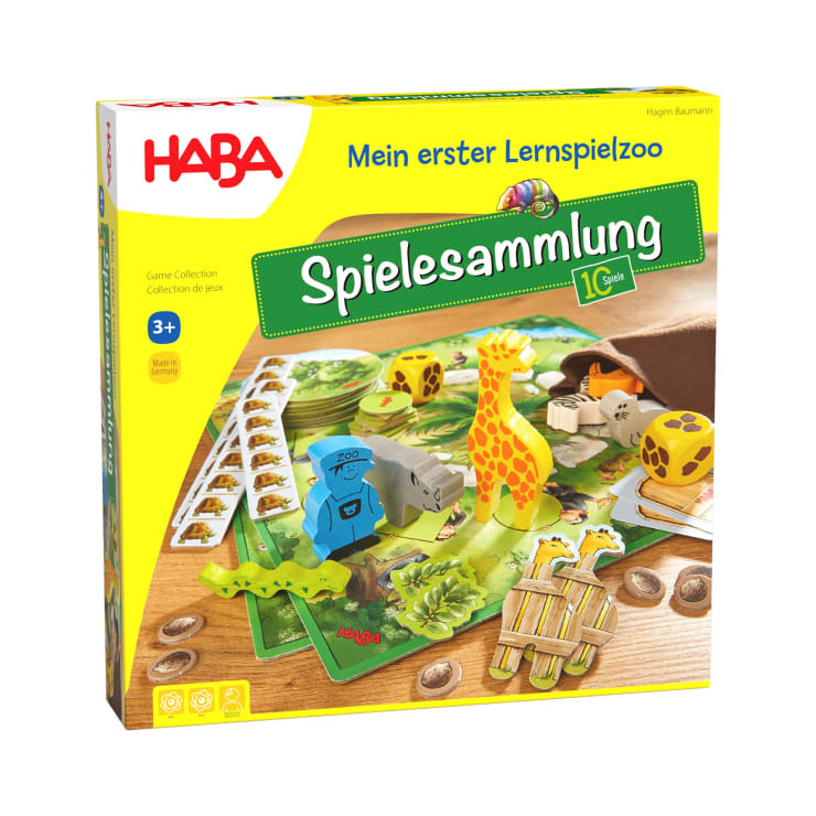 Eine farbenfrohe Brettspielschachtel mit dem Titel Spielesammlung von HABA mit illustrierten Zootieren, einer Zoowärterfigur, Spielbrettern und einem deutschen Text, der das Spiel für Kinder ab 3 Jahren beschreibt.
