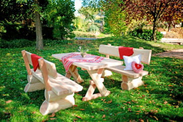 Ein hölzerner Picknicktisch mit zwei Bänken steht auf grünem Gras in einem sonnenbeschienenen Garten. Der Tisch ist mit einem rot-weißen Läufer, kleinen Blumen in einer Vase und einem Kissen mit einem Herz auf der einen Bank geschmückt. Abgefallene Blätter liegen verstreut herum.