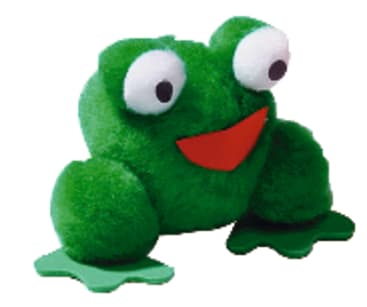 Ein grüner Plüschfrosch mit großen, runden Augen, einem breiten, roten Mund und flachen, grünen Füßen, der wie ein sitzender Frosch aussieht.