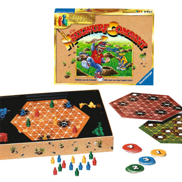 Ein deutsches Brettspiel mit dem Namen "Die MUMPFEL-COMPANY" wird mit seiner Schachtel, sechseckigen Spielbrettern, farbigen Tierplättchen und nummerierten Chips auf weißem Hintergrund gezeigt.