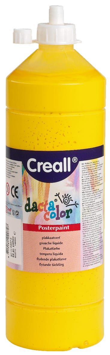 Eine große gelbe Plastikflasche mit Creall Dacta Color Plakatfarbe mit weißem Verschluss und Spender. Das Etikett enthält Produktinformationen, Anweisungen und farbigen Text.