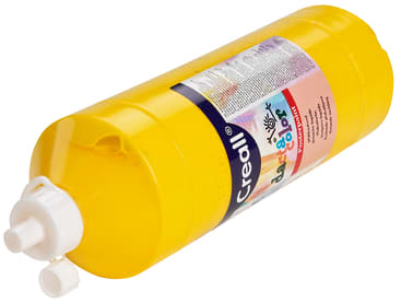 Eine große gelbe Kunststoffflasche mit Acrylfarbe von Creall mit weißem Verschluss, die auf der Seite liegt. Das Etikett auf der Flasche zeigt Produktinformationen und Branding.