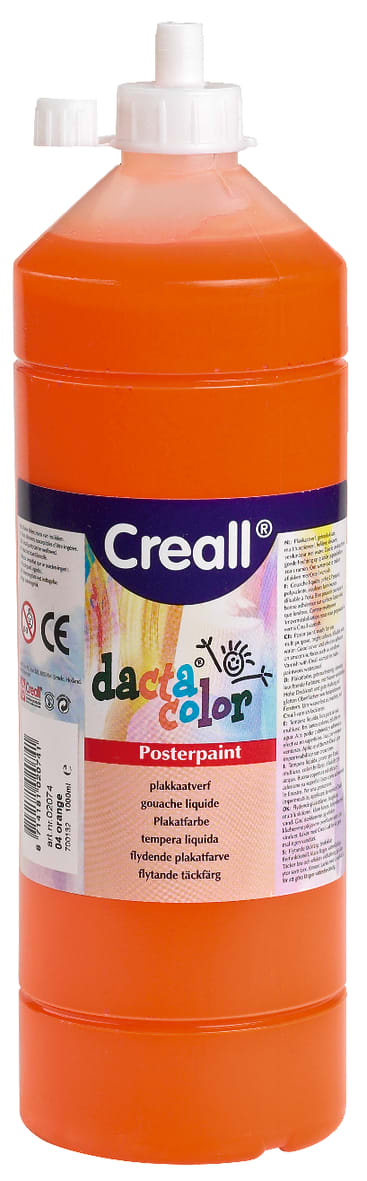 Eine große orangefarbene Flasche Creall DactaColor Plakatfarbe mit einer weißen Kappe und einem Etikett mit Produktinformationen in mehreren Sprachen.