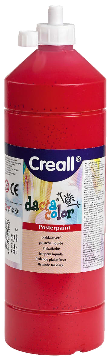 Eine große Flasche roter Plakatfarbe der Marke Creall mit einer weißen Kappe und einem Etikett mit buntem Text und Kunstwerken. Das Etikett enthält Produktinformationen in mehreren Sprachen.