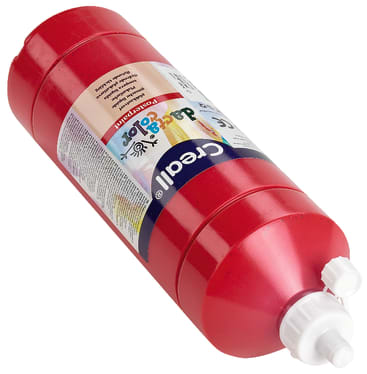 Eine große rote Plastikflasche mit Creall Da Vinci Color Temperafarbe mit weißem Deckel und Etikett mit Marken- und Produktinformationen.