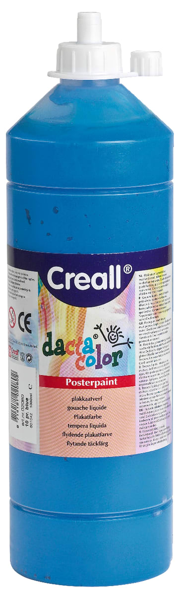 Eine große Flasche Creall Plakatfarbe in Blau mit weißem Verschluss und farbigem Etikett mit Markennamen, Produktdetails und mehrsprachigem Text.
