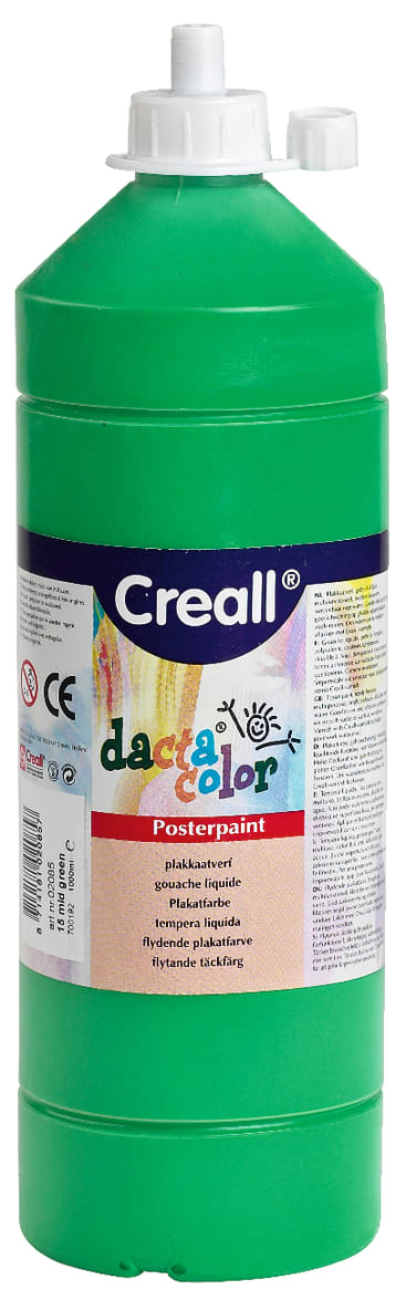 Eine große grüne Plastikflasche mit der Aufschrift Creall dacta color Posterpaint und Produktinformationen und Anweisungen auf der Vorderseite. Die Flasche hat eine weiße Kappe und Düse.