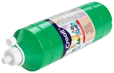 Eine grüne Kunststoffflasche mit Farbe der Marke Creall mit einer weißen Dosierkappe und einem mehrfarbigen Etikett mit Produktinformationen und Branding.