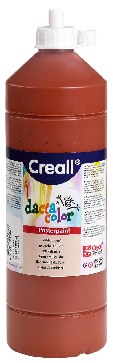 Eine große 1-Liter-Flasche Creall dacta color Plakatfarbe in Braun mit weißem Verschluss, buntem Etikett und Produktinformationen in mehreren Sprachen auf der Vorderseite.