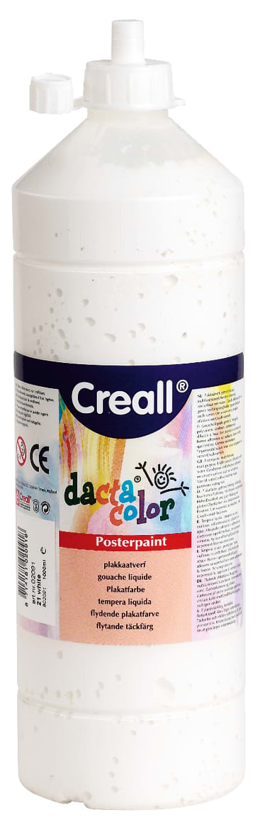 Eine große weiße Kunststoffflasche Creall Dacta Color Plakatfarbe mit einer weißen Kappe. Das Etikett enthält farbigen Text, Produktinformationen und Sicherheitssymbole. Die Flasche enthält weiße Flüssigfarbe.