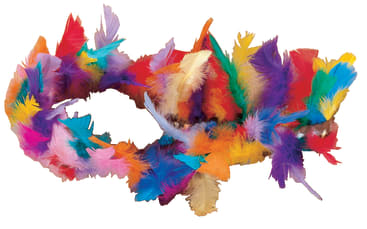 Eine farbenfrohe Federboa mit verschiedenen leuchtenden Federn in Rot, Rosa, Blau, Lila, Gelb, Grün und Orange, die in einer flauschigen, gewundenen Form vor einem weißen Hintergrund angeordnet sind.