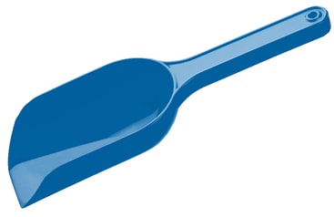Eine blaue Kunststoffschaufel mit flachem Rand und langem Griff, abgebildet auf weißem Hintergrund.